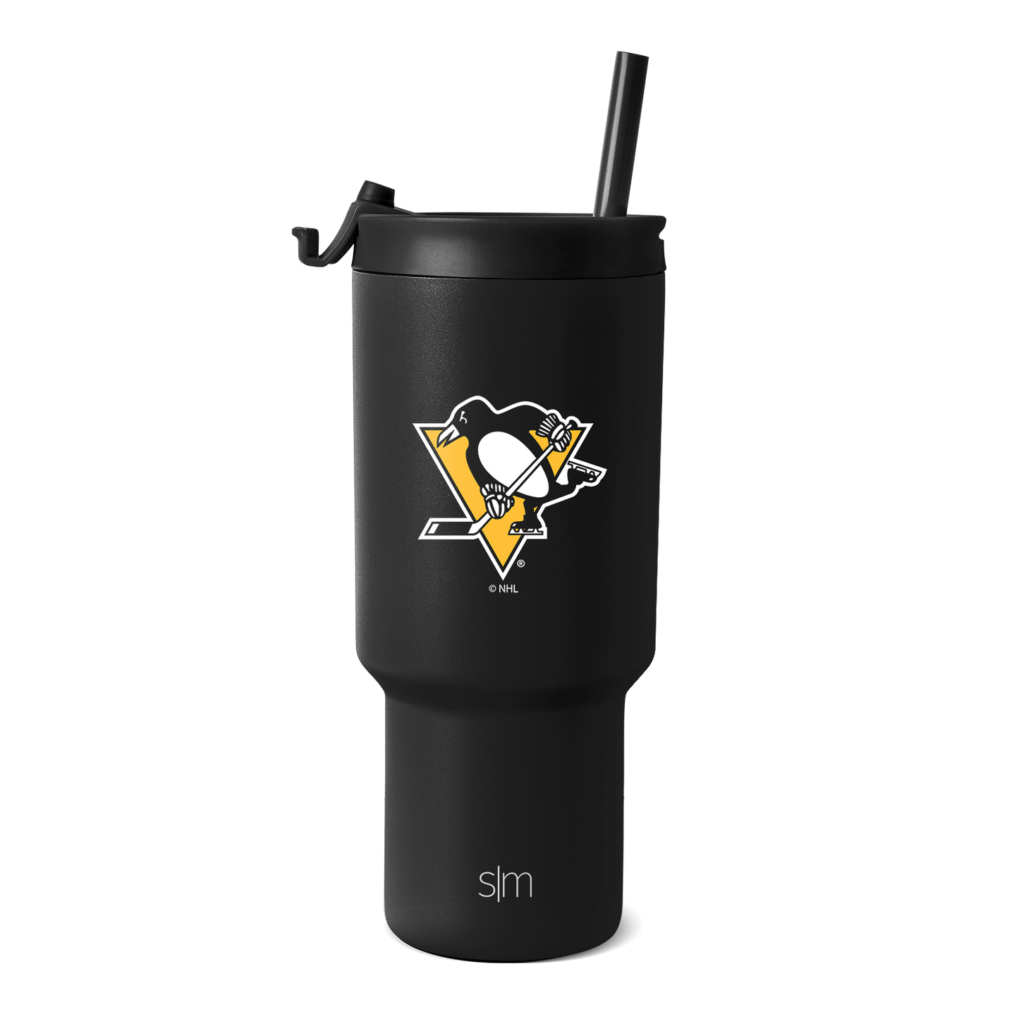 Matte black tumbler with gold and white logo accents on white background