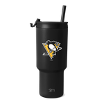 Matte black tumbler with gold and white logo accents on white background