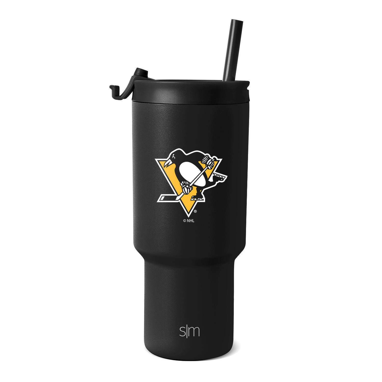 Matte black tumbler with gold and white logo accents on white background