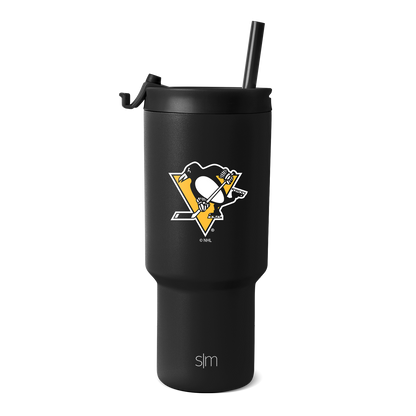 Matte black tumbler with gold and white logo accents on white background