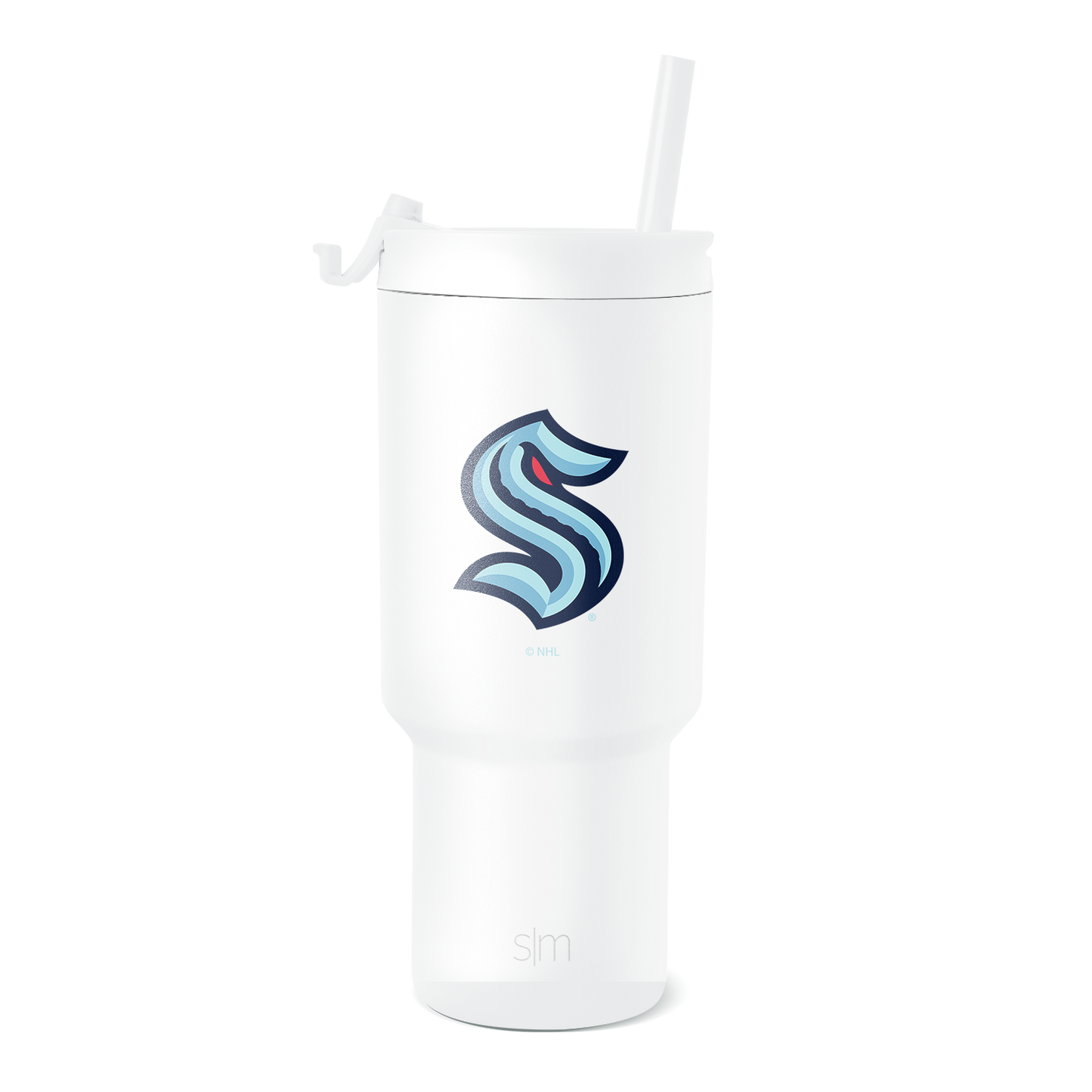 White insulated tumbler with cylindrical design and tapered lower section, widening toward the top, displayed against white background.