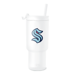White insulated tumbler with cylindrical design and tapered lower section, widening toward the top, displayed against white background.