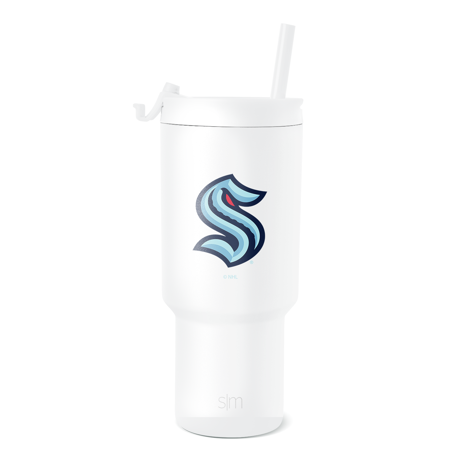 White insulated tumbler with cylindrical design and tapered lower section, widening toward the top, displayed against white background.