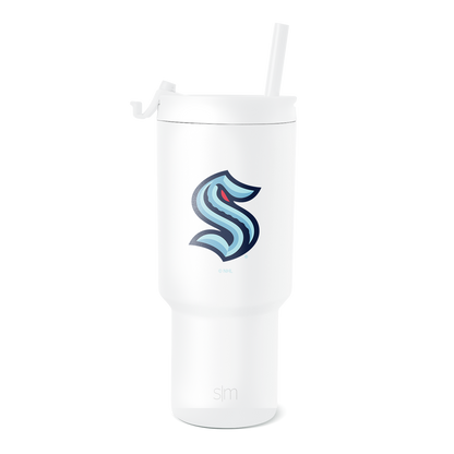 White insulated tumbler with cylindrical design and tapered lower section, widening toward the top, displayed against white background.