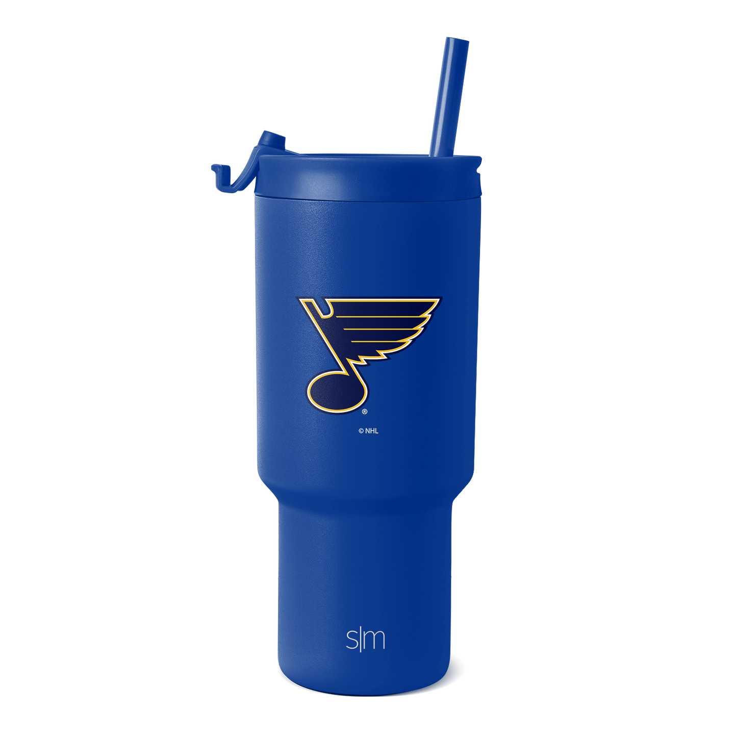 Bright royal blue tumbler with glossy finish, featuring St. Louis Blues team logo and SM branding in gold and cream.