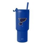 Bright royal blue tumbler with glossy finish, featuring St. Louis Blues team logo and SM branding in gold and cream.