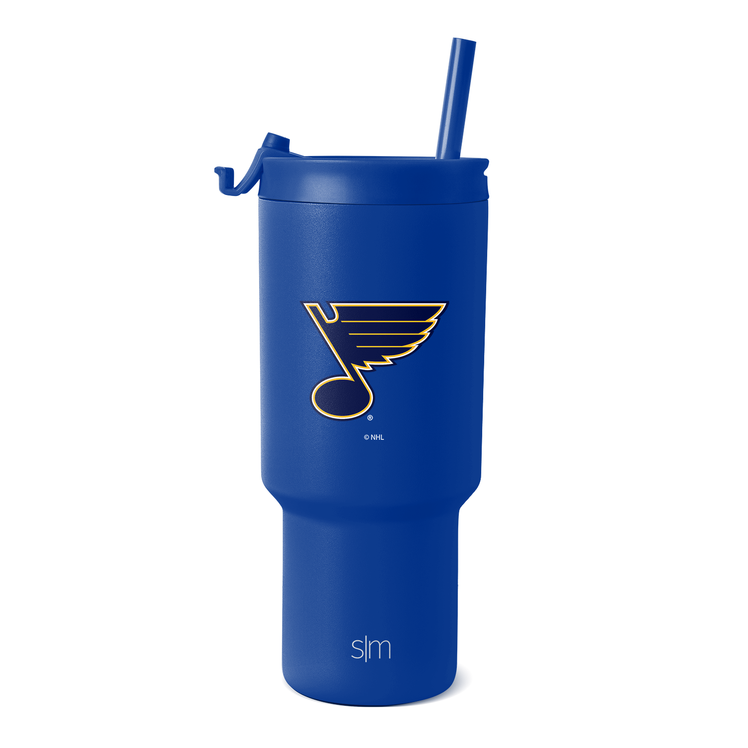 Bright royal blue tumbler with glossy finish, featuring St. Louis Blues team logo and SM branding in gold and cream.
