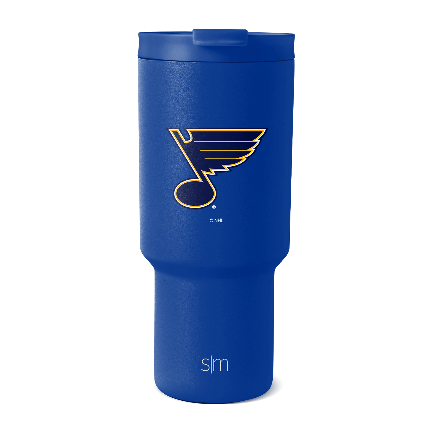 Royal blue insulated tumbler with metallic gold logo accent on white background