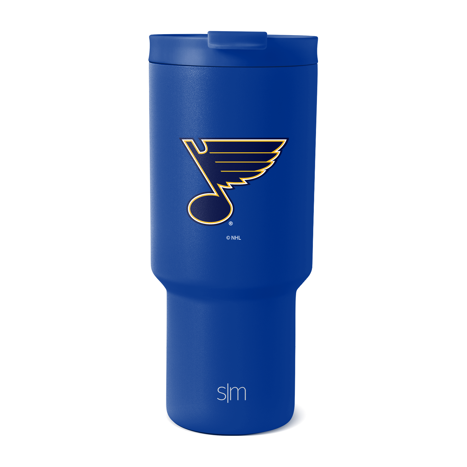 Royal blue insulated tumbler with metallic gold logo accent on white background