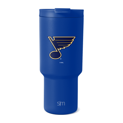 Royal blue insulated tumbler with metallic gold logo accent on white background