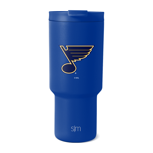 Royal blue insulated tumbler with metallic gold logo accent on white background