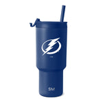 Deep navy blue matte finish tumbler with white logo and branding