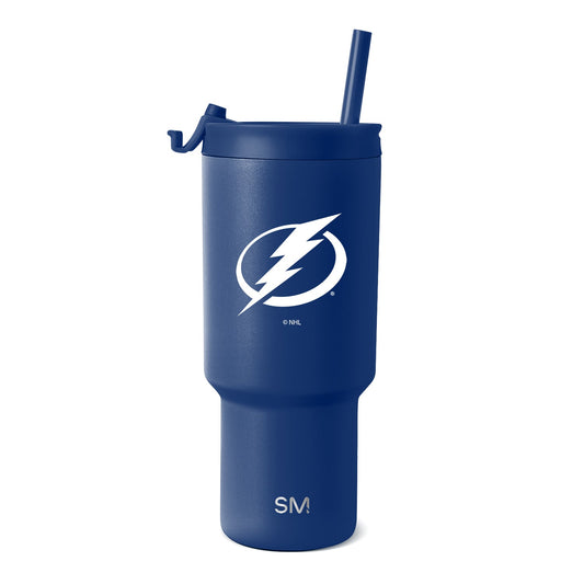 Deep navy blue matte finish tumbler with white logo and branding