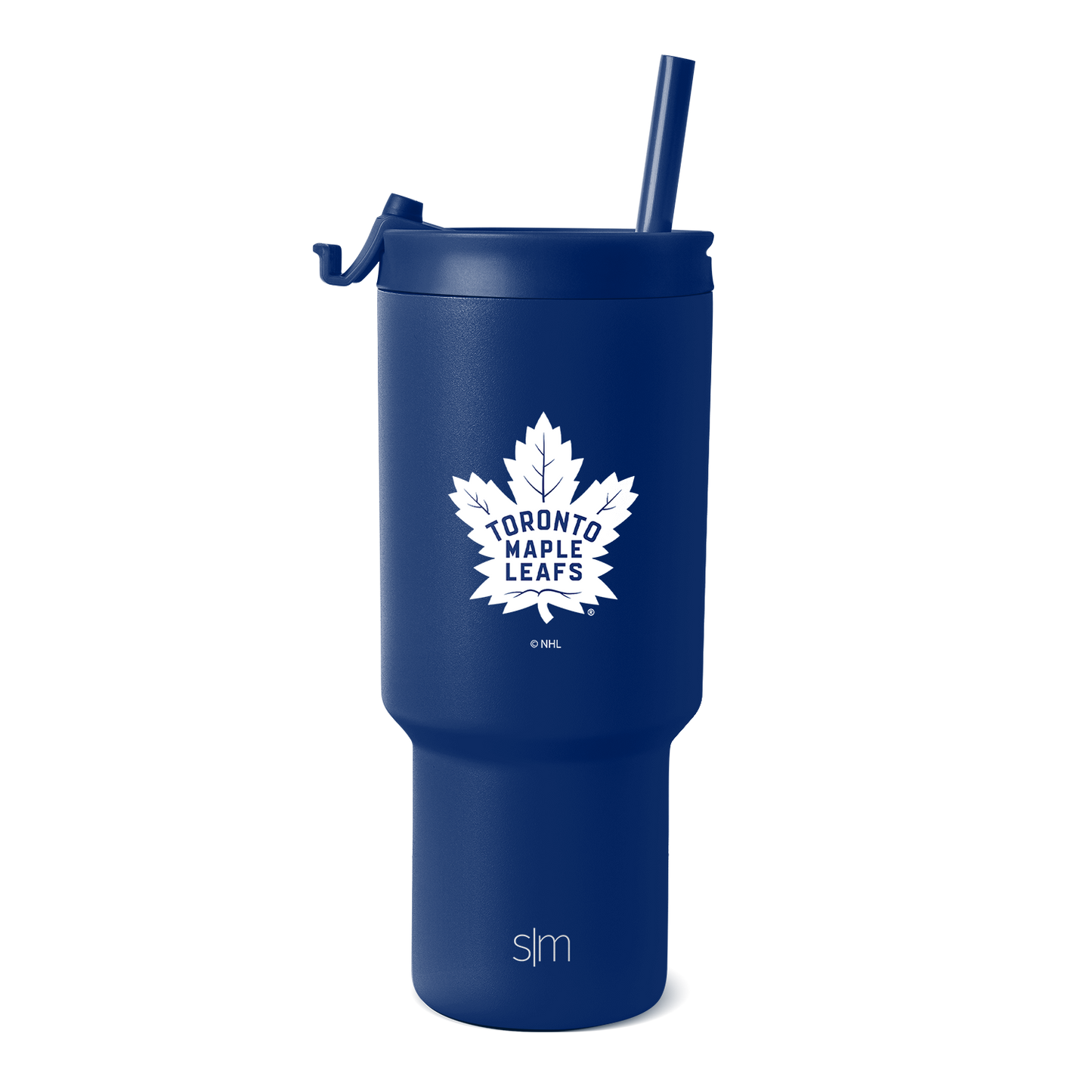 Navy blue tumbler with white graphic elements and contrasting design details, full body view of the TRK-F-30-H-TML drinkware.