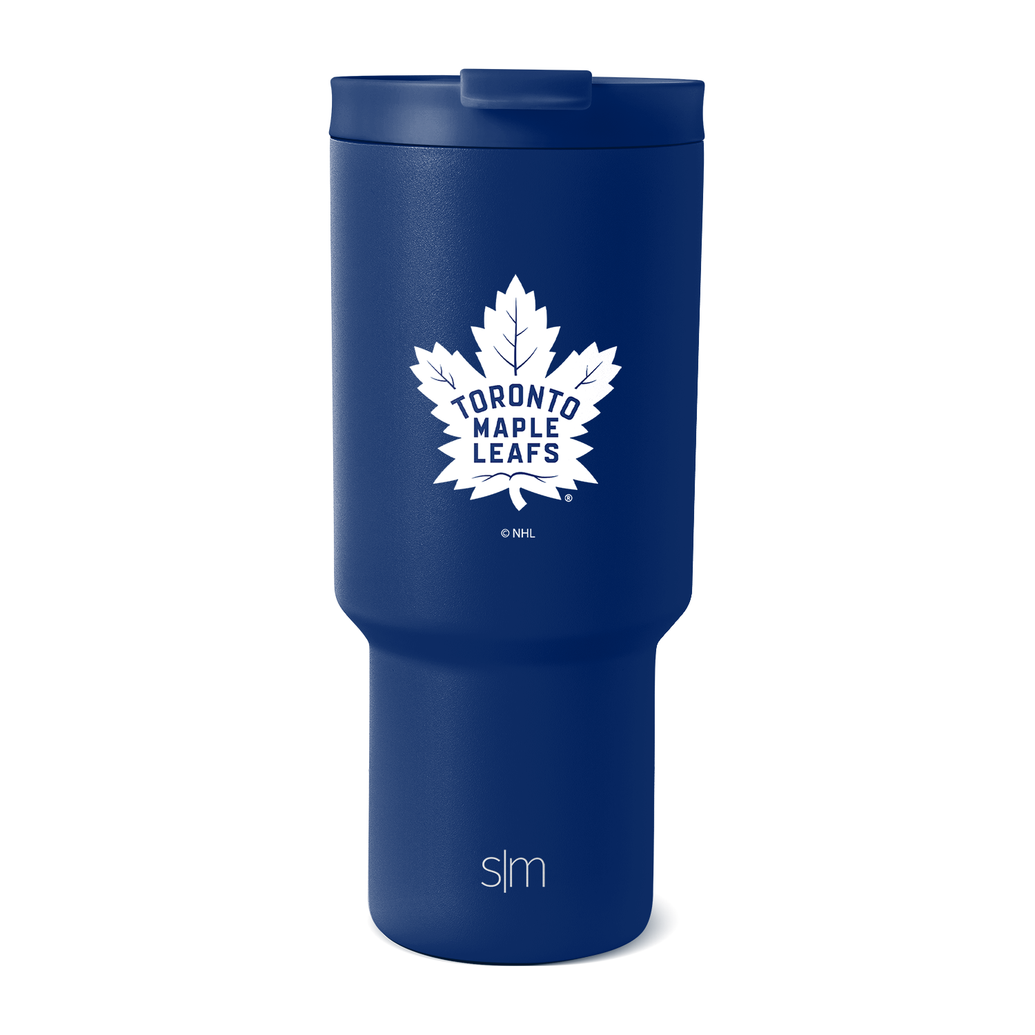 Navy blue tumbler with white logo and branding accents