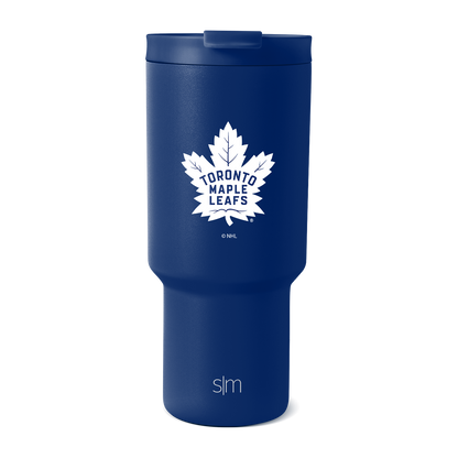 Navy blue tumbler with white logo and branding accents