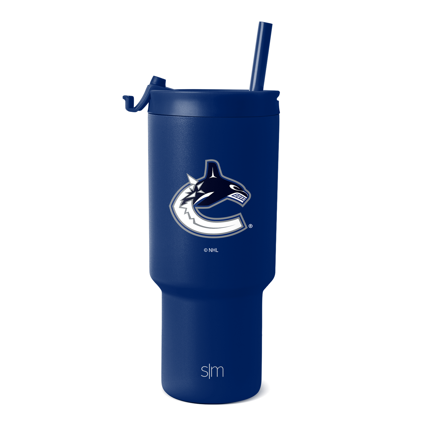 Navy blue insulated tumbler with white and silver metallic team logo and branding accents on cylindrical body and lid
