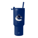 Navy blue insulated tumbler with white and silver metallic team logo and branding accents on cylindrical body and lid