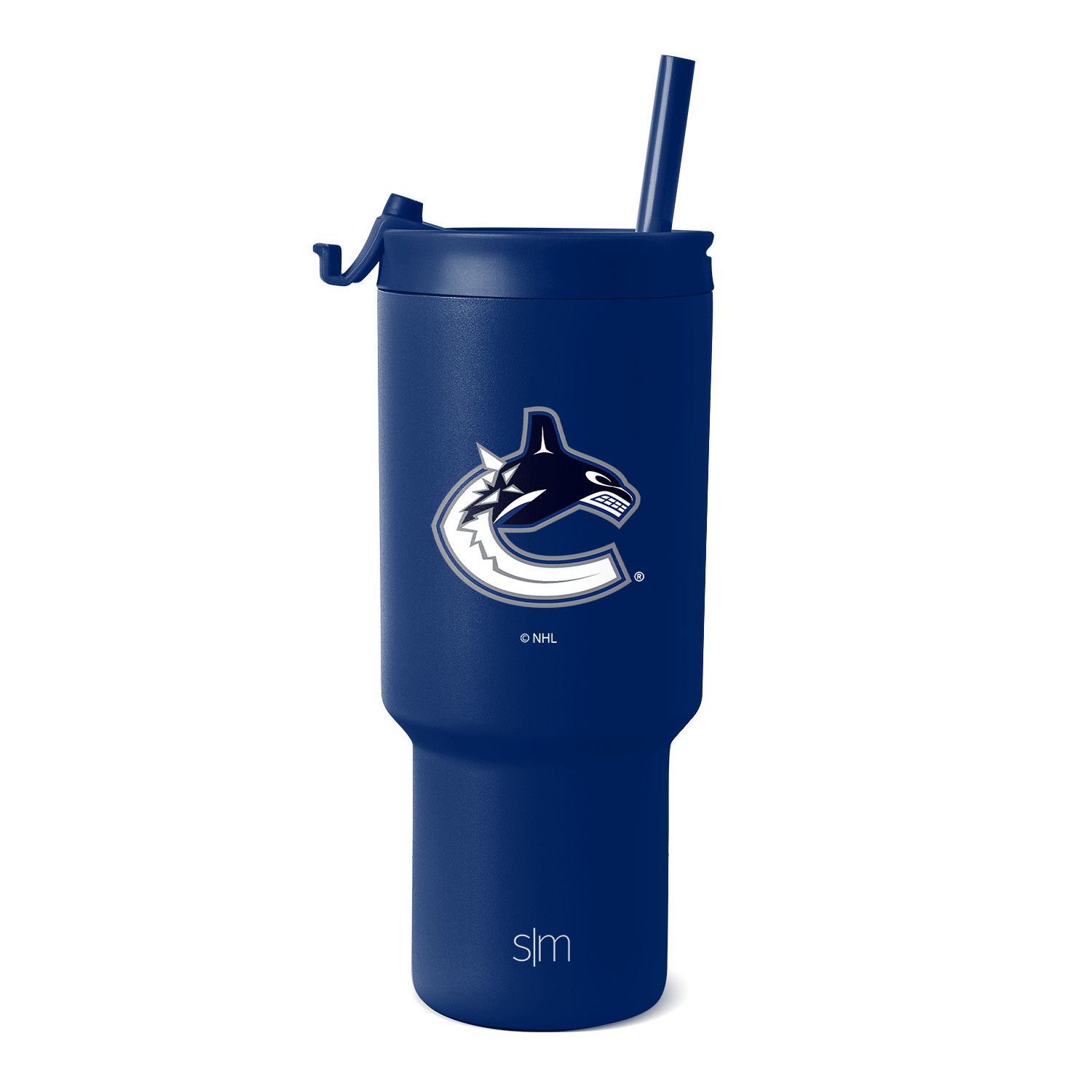 Navy blue insulated tumbler with white and silver metallic team logo and branding accents on cylindrical body and lid