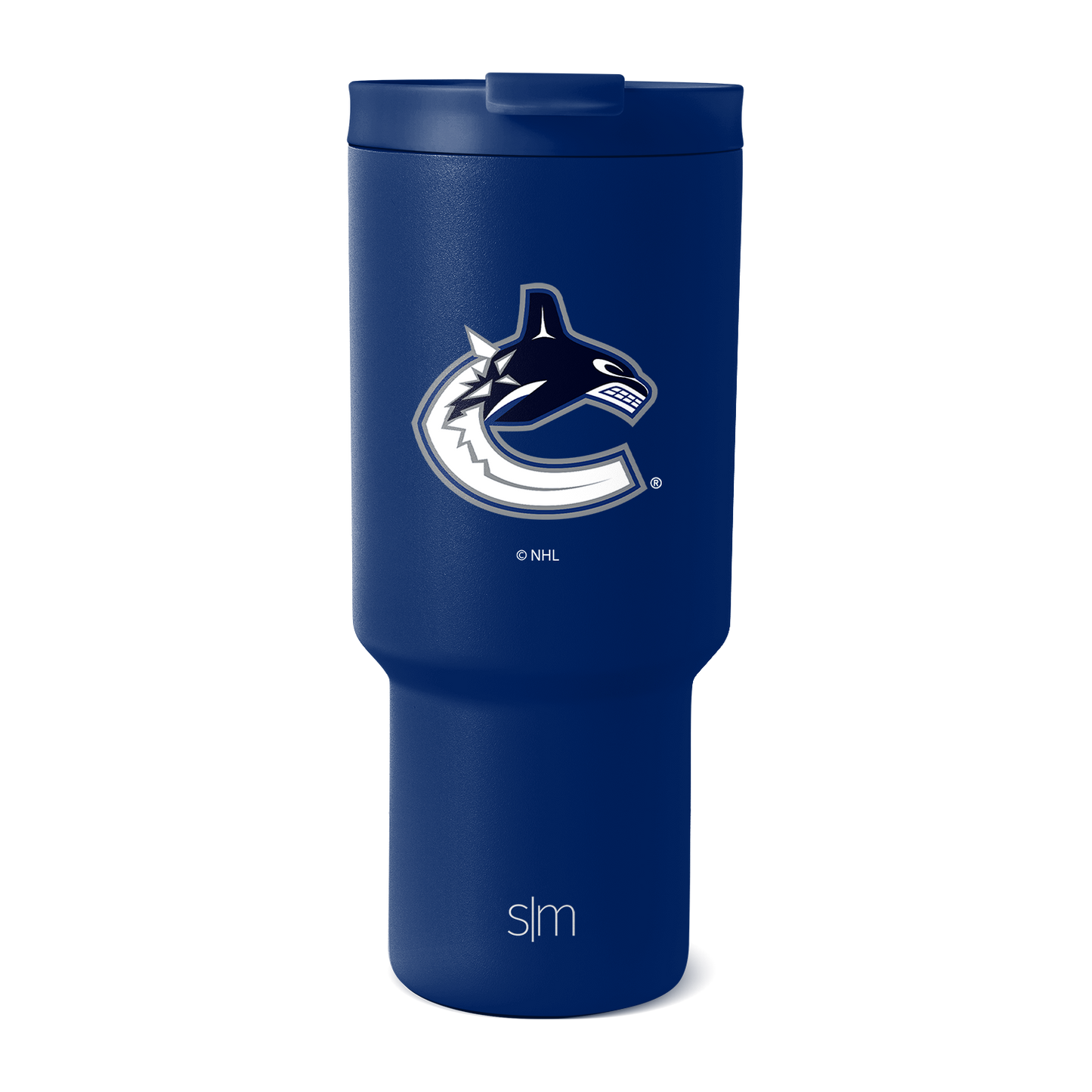 Navy blue matte tumbler with Vancouver Canucks NHL logo, modern design with textured finish.