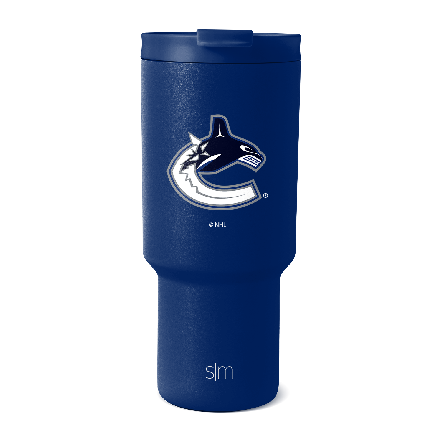 Navy blue matte tumbler with Vancouver Canucks NHL logo, modern design with textured finish.