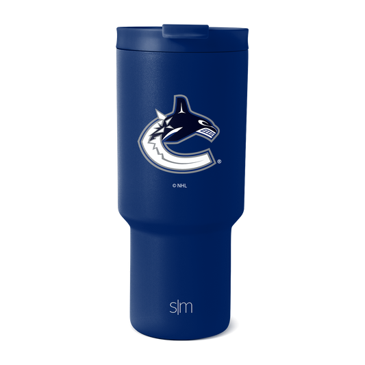 Navy blue matte tumbler with Vancouver Canucks NHL logo, modern design with textured finish.