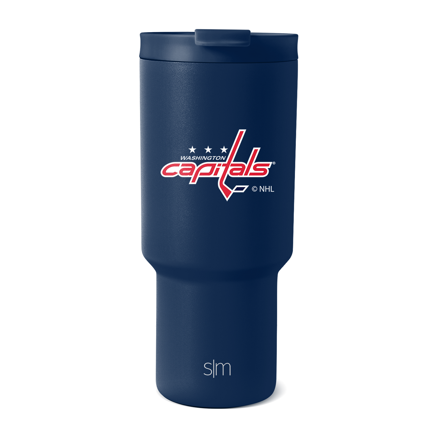 Deep navy blue tumbler with white, red, and silver logo and branding accents