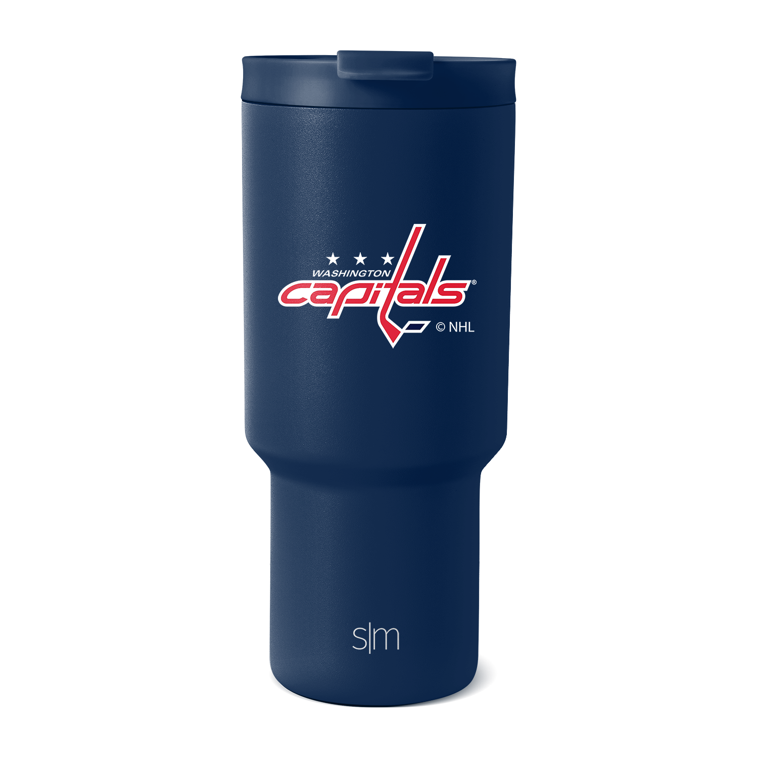 Deep navy blue tumbler with white, red, and silver logo and branding accents
