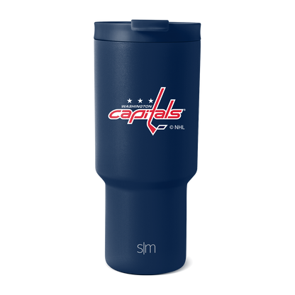 Deep navy blue tumbler with white, red, and silver logo and branding accents