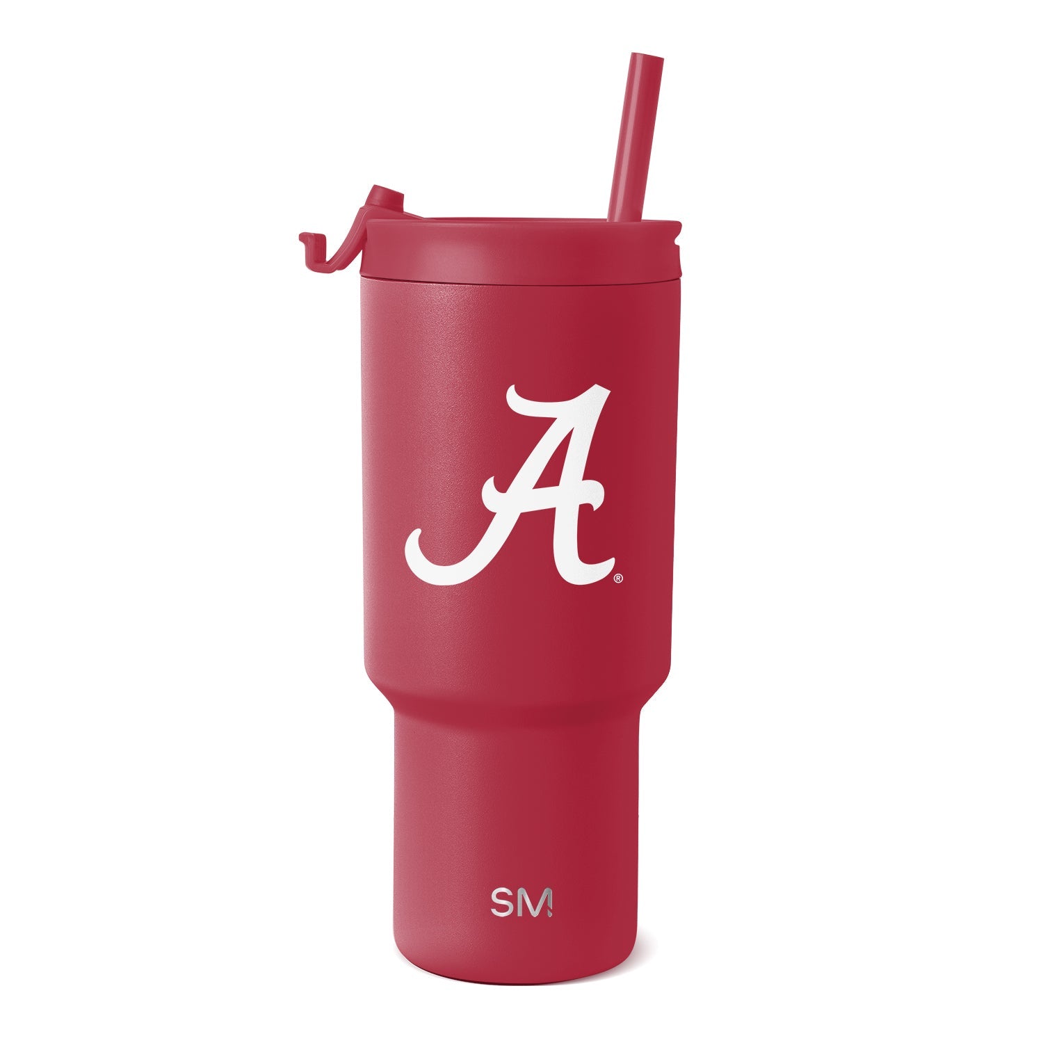 Crimson red tumbler with white "A" logo and SM branding accents