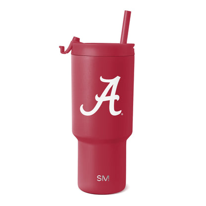 Crimson red tumbler with white "A" logo and SM branding accents