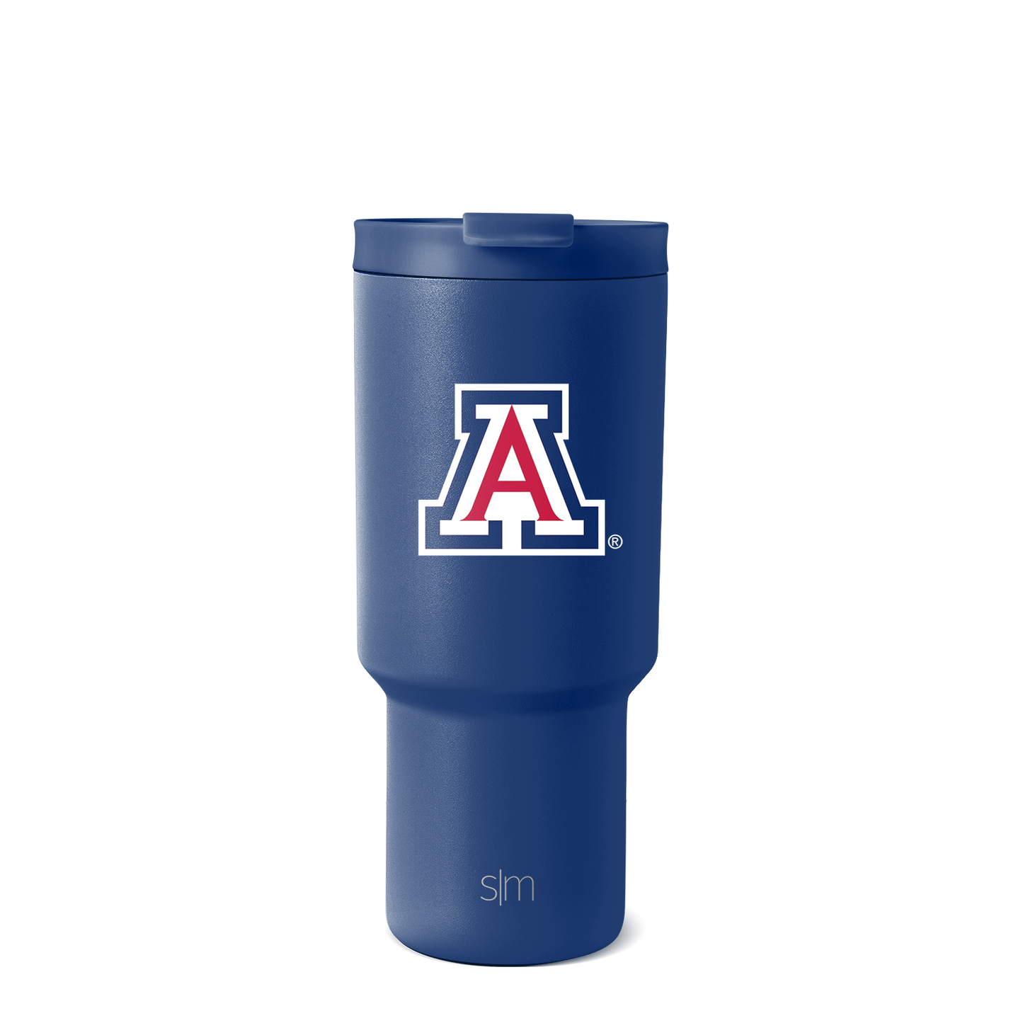 Navy blue cylindrical tumbler with glossy finish and subtle highlights on neutral background