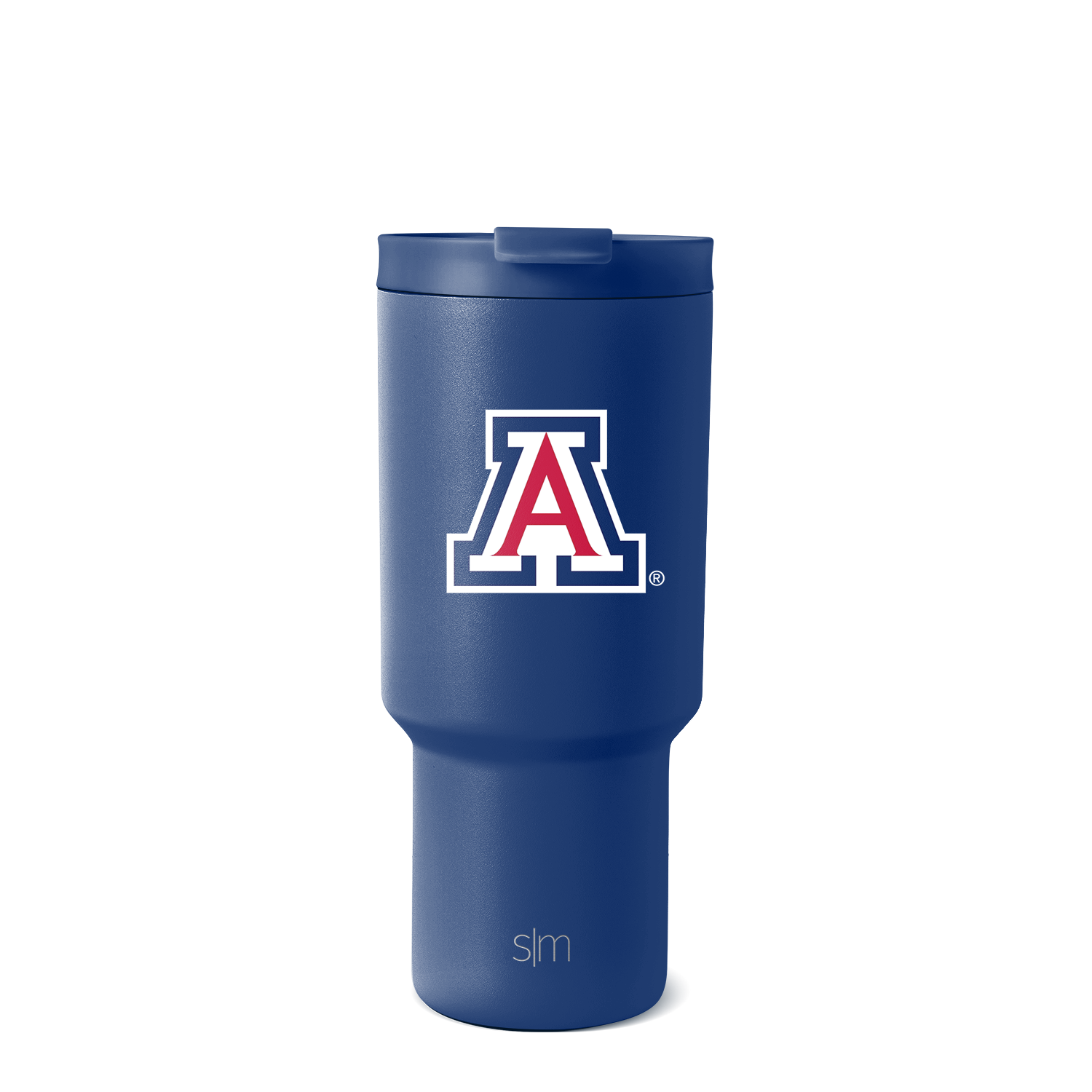 Navy blue cylindrical tumbler with glossy finish and subtle highlights on neutral background