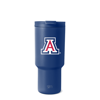 Navy blue cylindrical tumbler with glossy finish and subtle highlights on neutral background