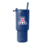 Navy blue tumbler with matching straw and University of Arizona logo in white and red accents