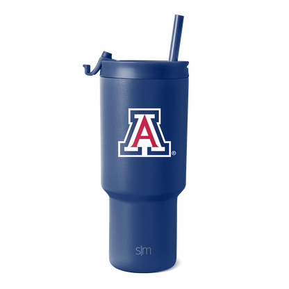 Navy blue tumbler with matching straw and University of Arizona logo in white and red accents