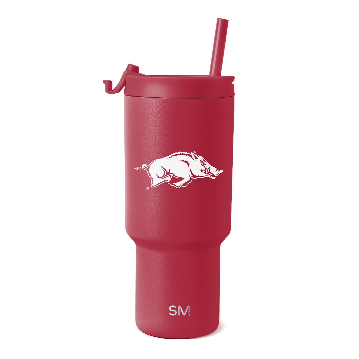 Burgundy matte tumbler with gradient finish, cylindrical body, lid, and handle