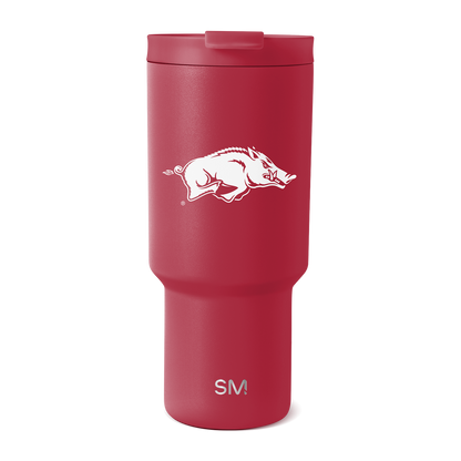 Burgundy tumbler with white logo and branding, featuring a warm and sophisticated design