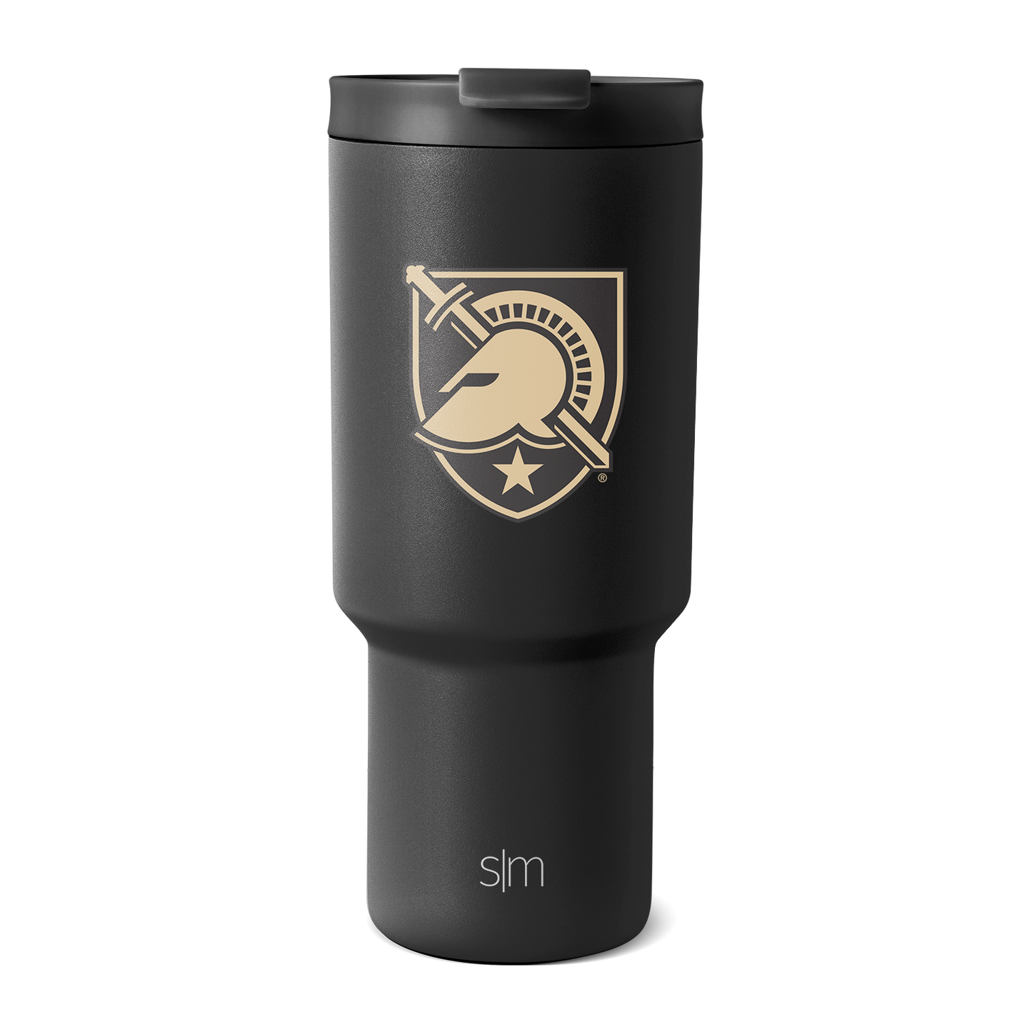 Matte black insulated tumbler with cream and gold military emblem and logo design