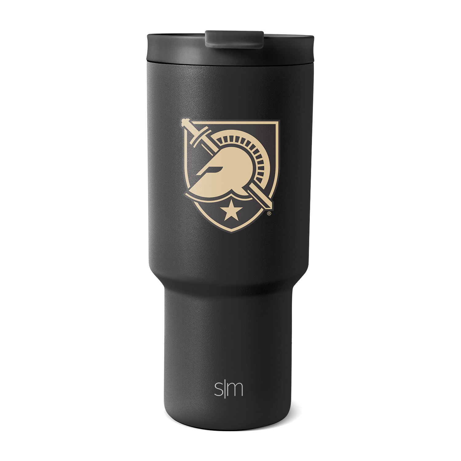 Matte black insulated tumbler with cream and gold military emblem and logo design