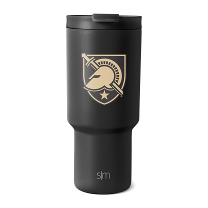 Matte black insulated tumbler with cream and gold military emblem and logo design