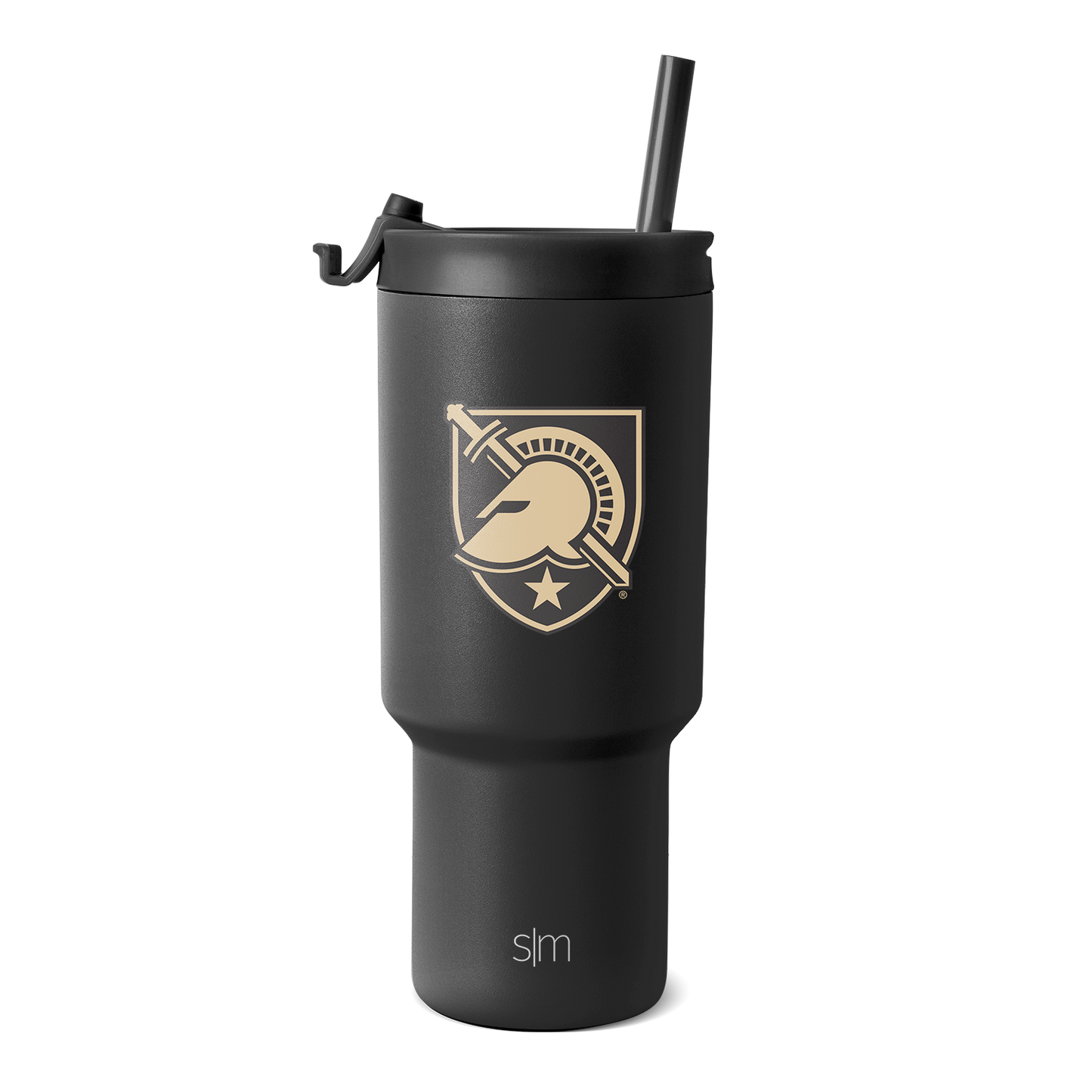 Matte black tumbler with gold logo and text accents