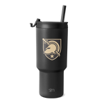 Matte black tumbler with gold logo and text accents