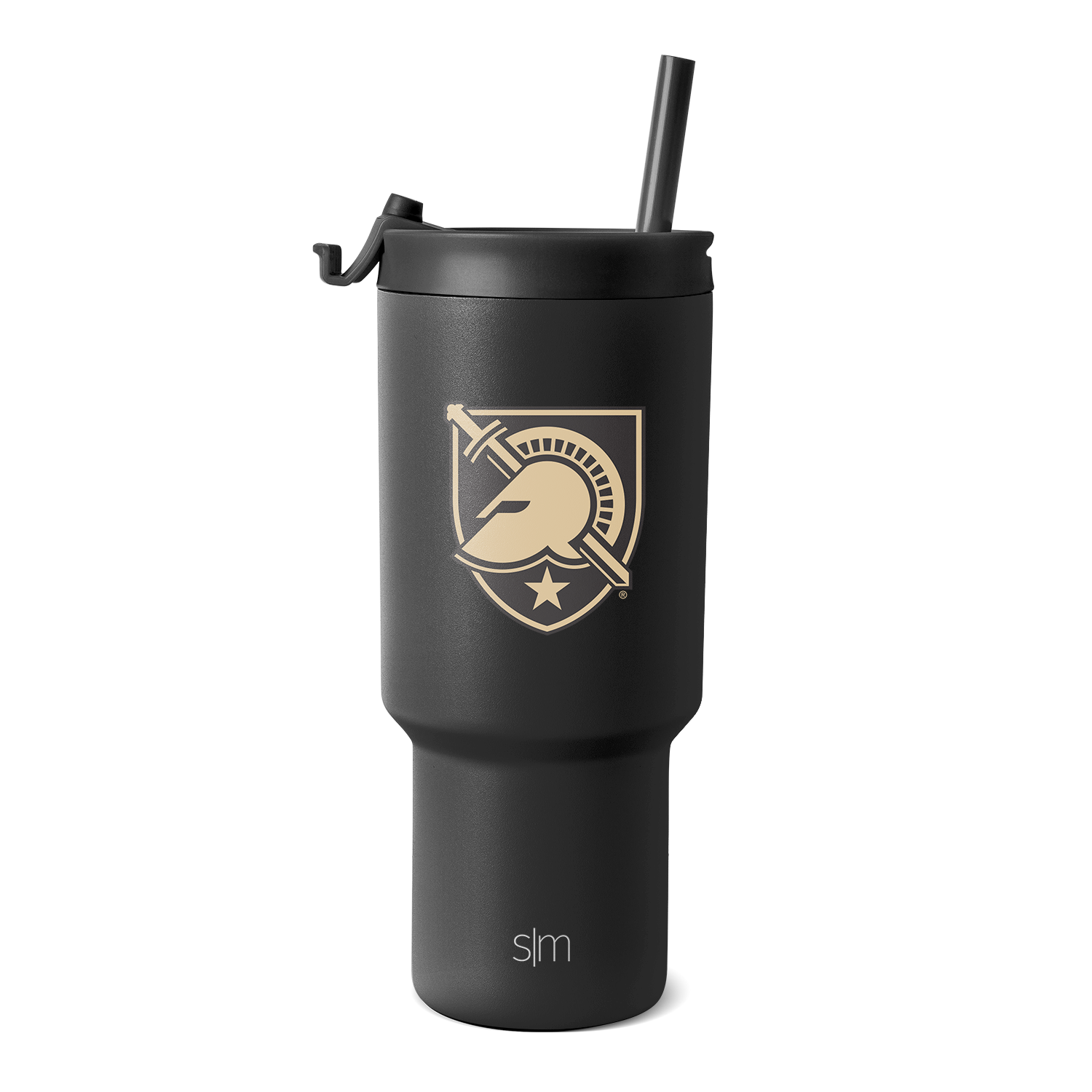 Matte black tumbler with gold logo and text accents