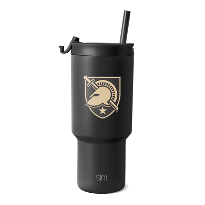 Matte black tumbler with gold logo and text accents