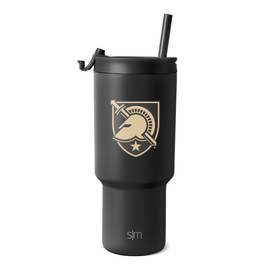 Matte black tumbler with gold logo and text accents