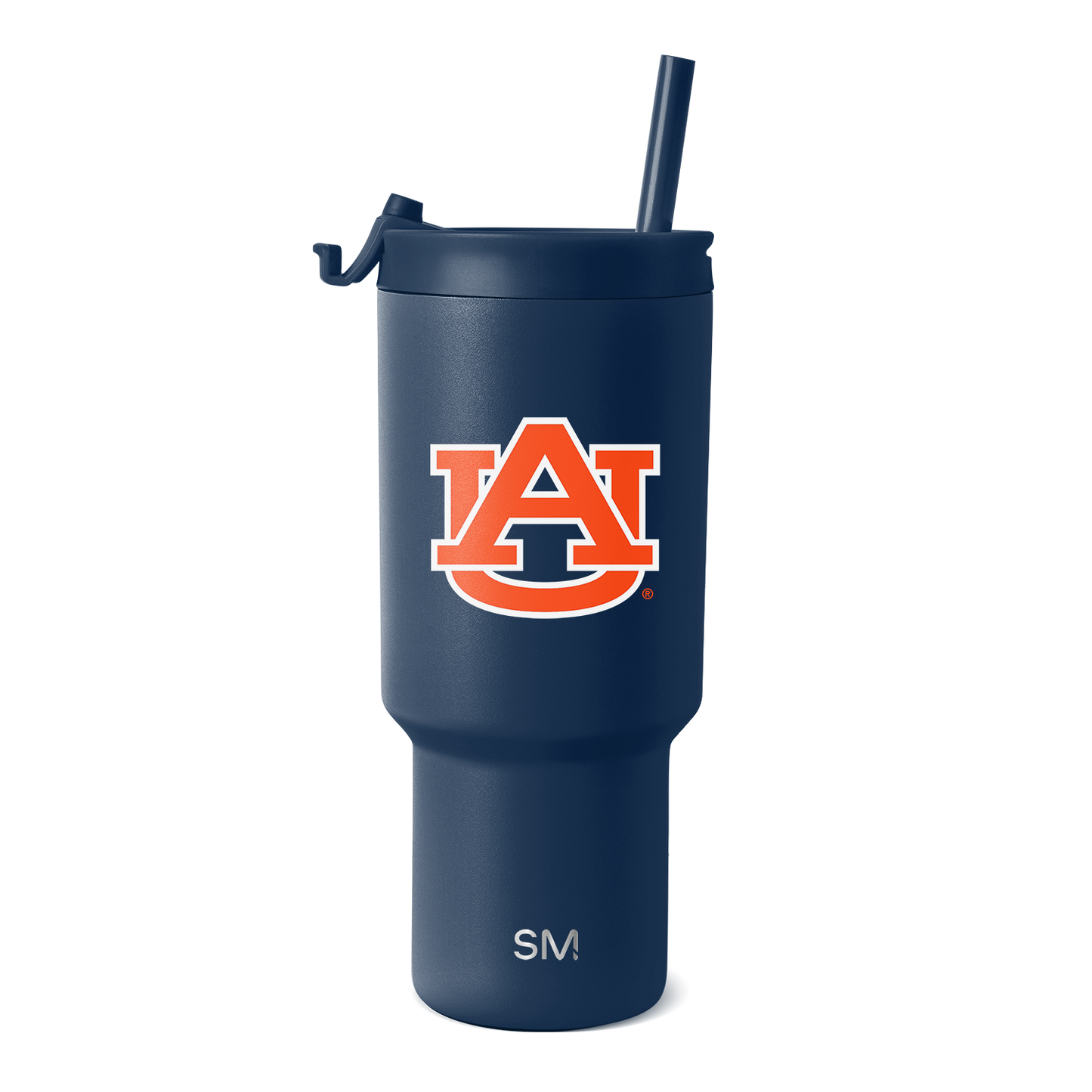 Deep navy blue tumbler with bold orange and white logo graphic on front and white SM branding on lower section