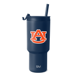 Deep navy blue tumbler with bold orange and white logo graphic on front and white SM branding on lower section