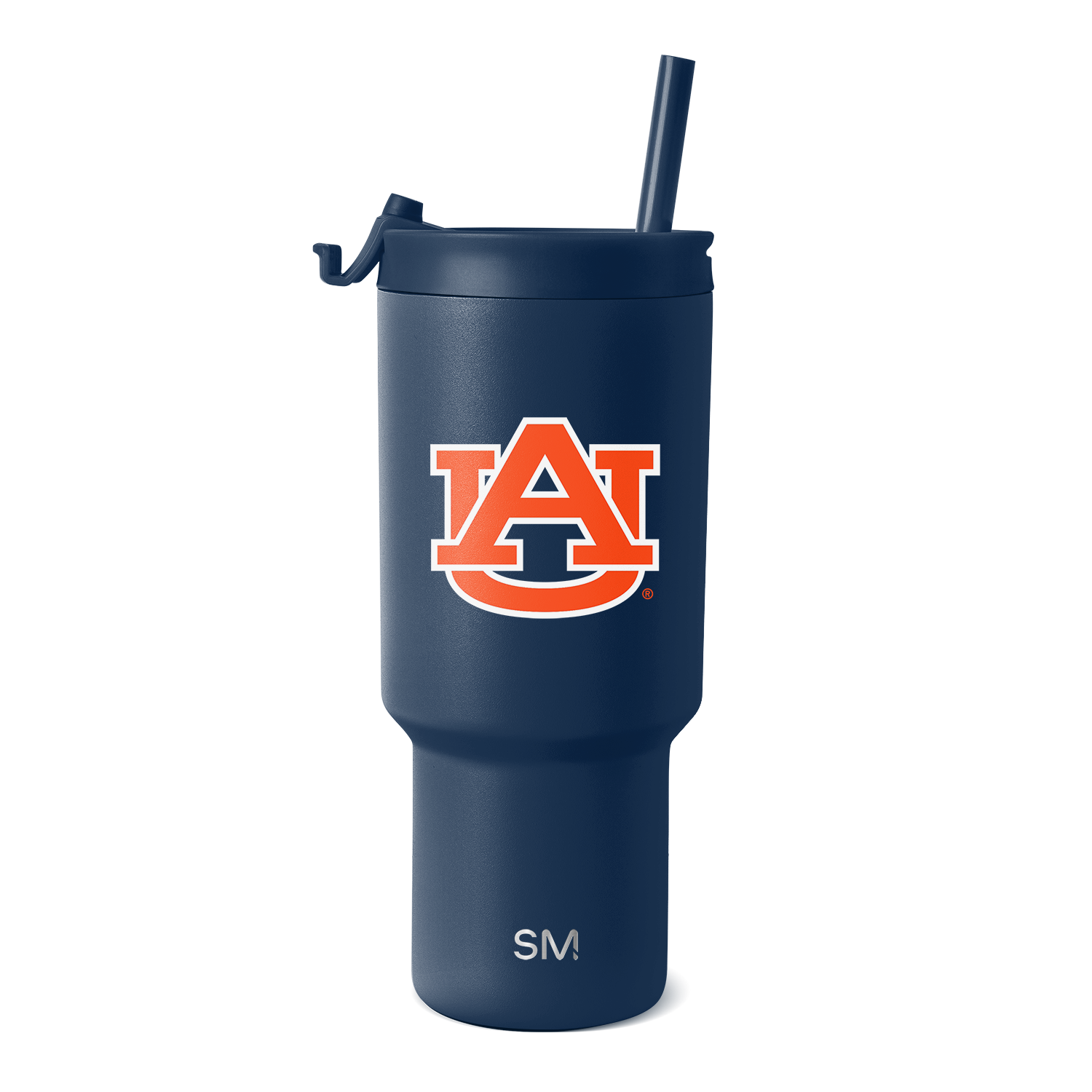 Deep navy blue tumbler with bold orange and white logo graphic on front and white SM branding on lower section