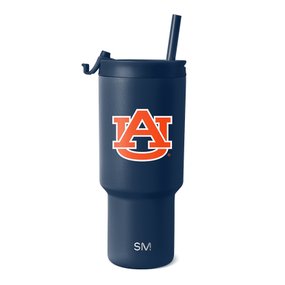 Deep navy blue tumbler with bold orange and white logo graphic on front and white SM branding on lower section